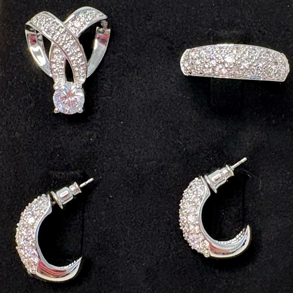 (227)Source Unknown Silver Cubic Zirconia Hoop Earrings & Ring Set